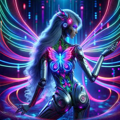 The primary subject of the image is a woman with a futuristic appearance, wearing a dress with a butterfly design. She is standing in a room with a purple and pink color scheme. The visual style of the image is digital art, and the dominant colors are purple and pink. The overall atmosphere of the image is futuristic and whimsical.